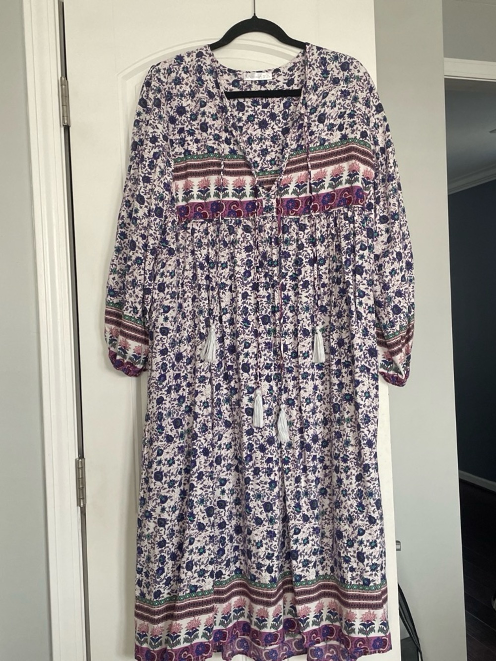 R Vivimos Boho Floral Midi Dress Womens L V Neck Tassel Bohemian